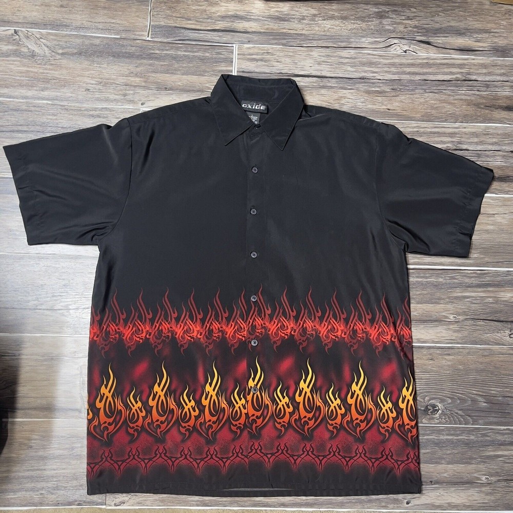 Vintage Y2K Flame Up AOP Short Sleeves Relaxed Fit Shirt Made In Korea Men L EUC